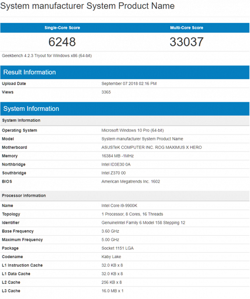 Восьмиядерный CPU Intel Core i9-9900K впечатляет производительностью в Geekbench