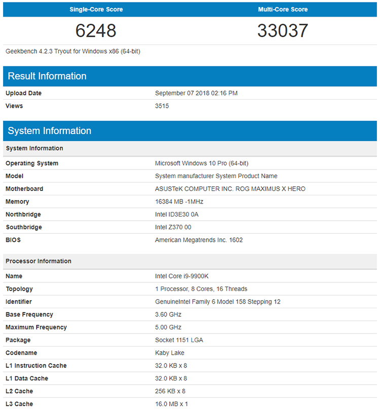 Оверклокерские CPU Core 9-го поколения протестированы в Geekbench