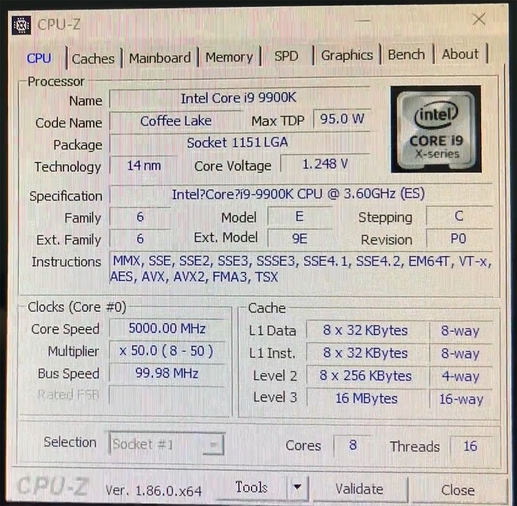 Core i9-9900K протестирован в Cinebench R15 на частоте 5 ГГц
