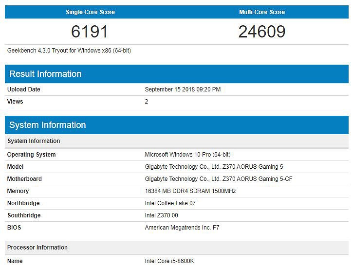 Intel Core i5-8600K в Geekbench