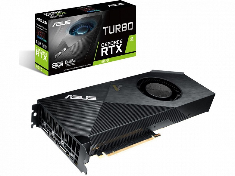 3D-карта Asus GeForce RTX 2070 Turbo с одним вентилятором занимает в корпусе ПК два слота - 1 3D-карта Asus GeForce RTX 2070 Turbo с одним вентилятором занимает в корпусе ПК два слота