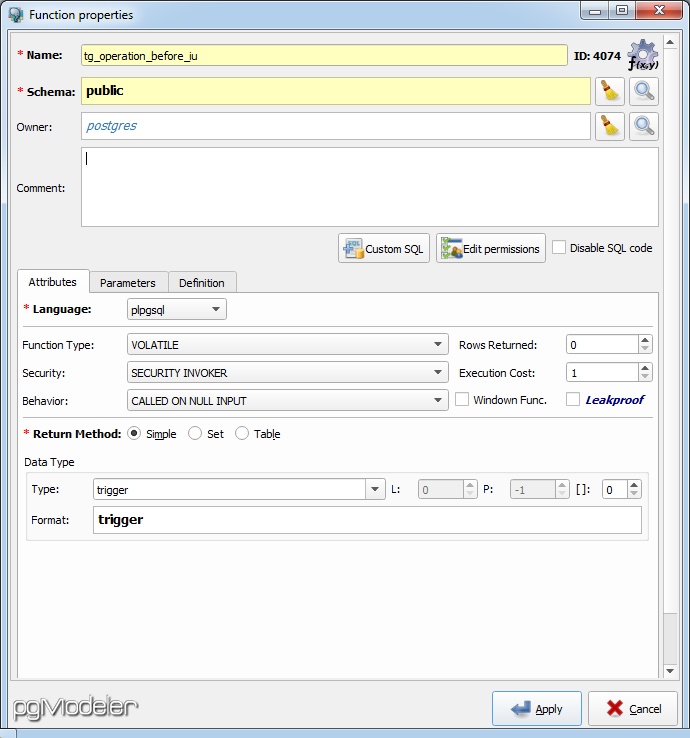 Создание триггерной функции в pgModeler - 3 Создание триггерной функции в pgModeler - 3