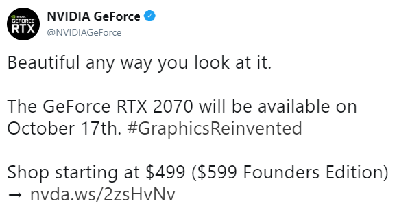 NVIDIA назвала дату начала продаж GeForce RTX 2070