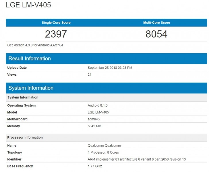 LG V40 с пятью камерами появился в базе данных Geekbench