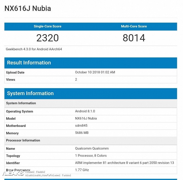 Смартфон ZTE Nubia NX616J на платформе Snapdragon 845 замечен в базе Geekbench