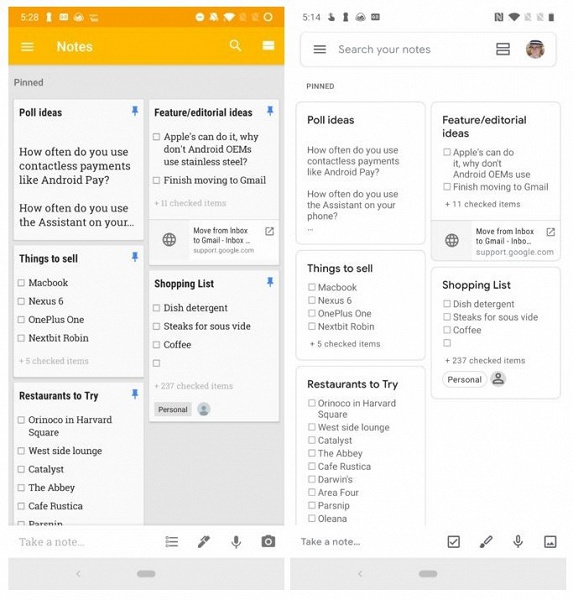 Приложение Google Keep Notes после обновления стало почти бесцветным