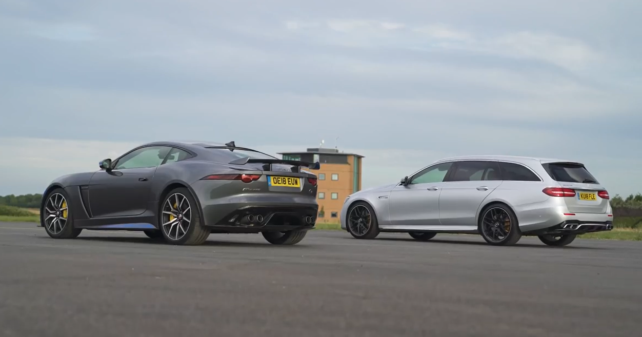 Jaguar F-Type SVR против Mercedes-AMG E63 S: дрэг-гонка