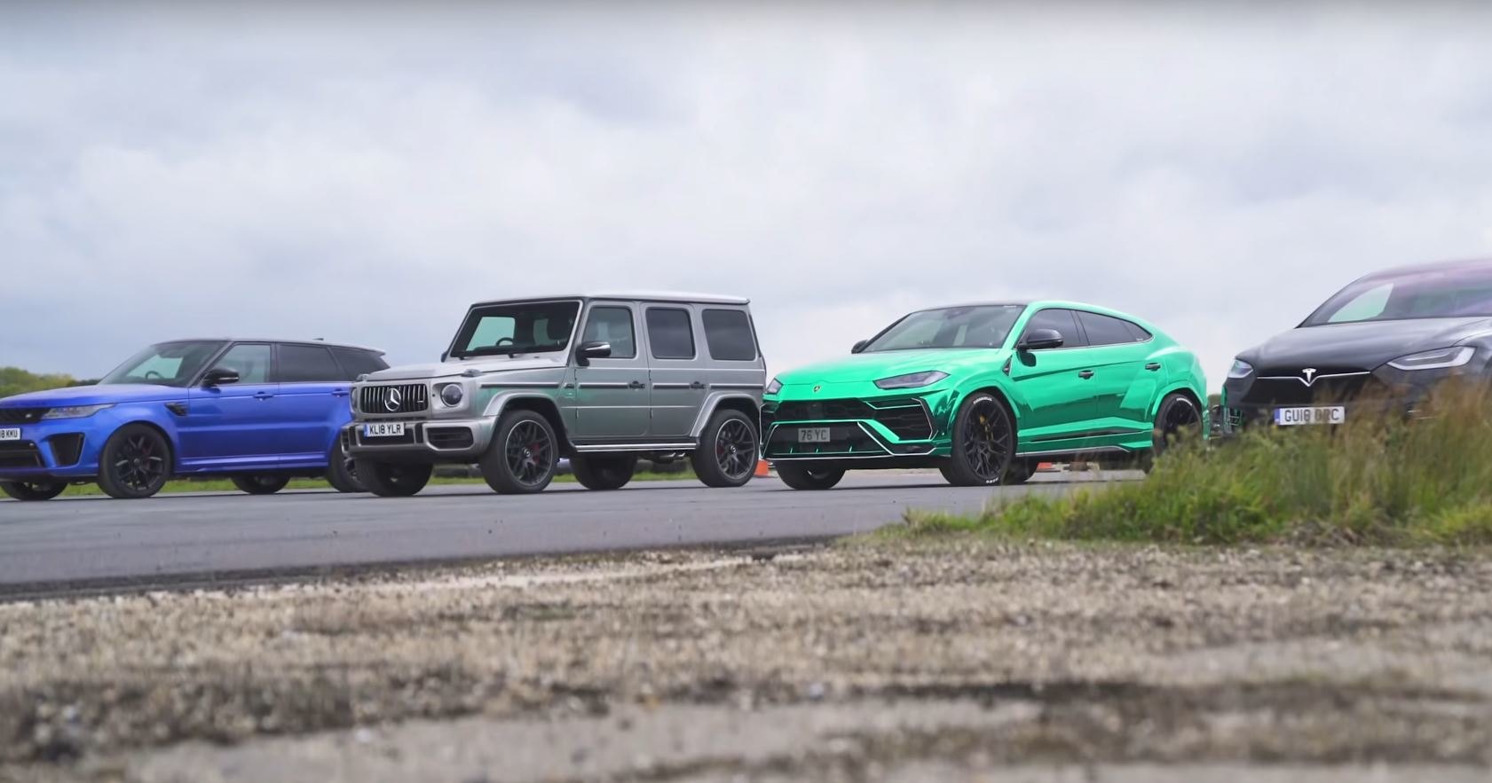 Lamborghini Urus, Tesla Model X, Mercedes-AMG G63 и RR Sport SVR: дрэг-гонка