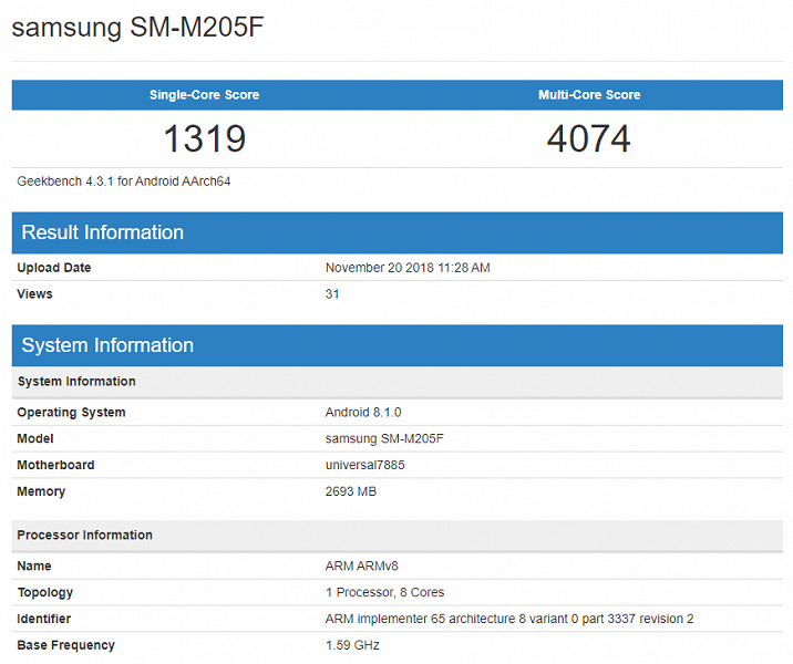 Смартфон Samsung Galaxy M2 оснащен SoC Exynos 7885 