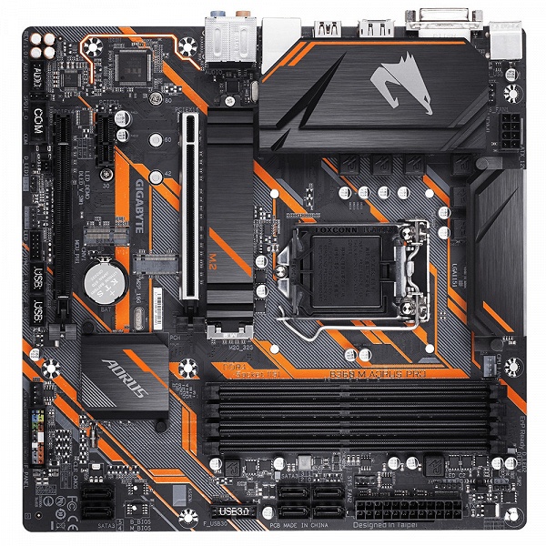 Системная плата Gigabyte B360 M Aorus Pro типоразмера mATX оснащена тремя слотами M.2