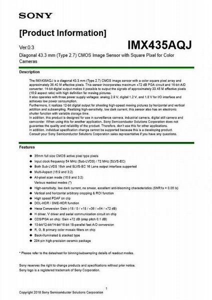 Полнокадровый датчик изображения Sonу IMX435AQJ разрешением 36 Мп поддерживает съемку видео 8К 