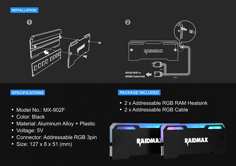 Радиаторы Raidmax MX-902F для модулей памяти украшены адресуемой подсветкой