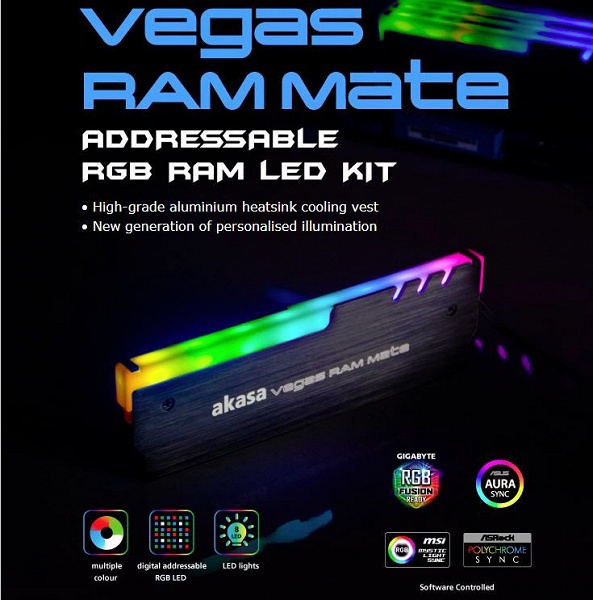 Радиатор Akasa Vegas RAM Mate для модулей памяти украшен светодиодной подсветкой