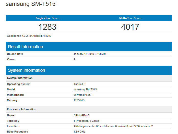 Готовящийся к выпуску планшет Samsung SM-T515 под управлением Android 9.0 Pie засветился в Geekbench