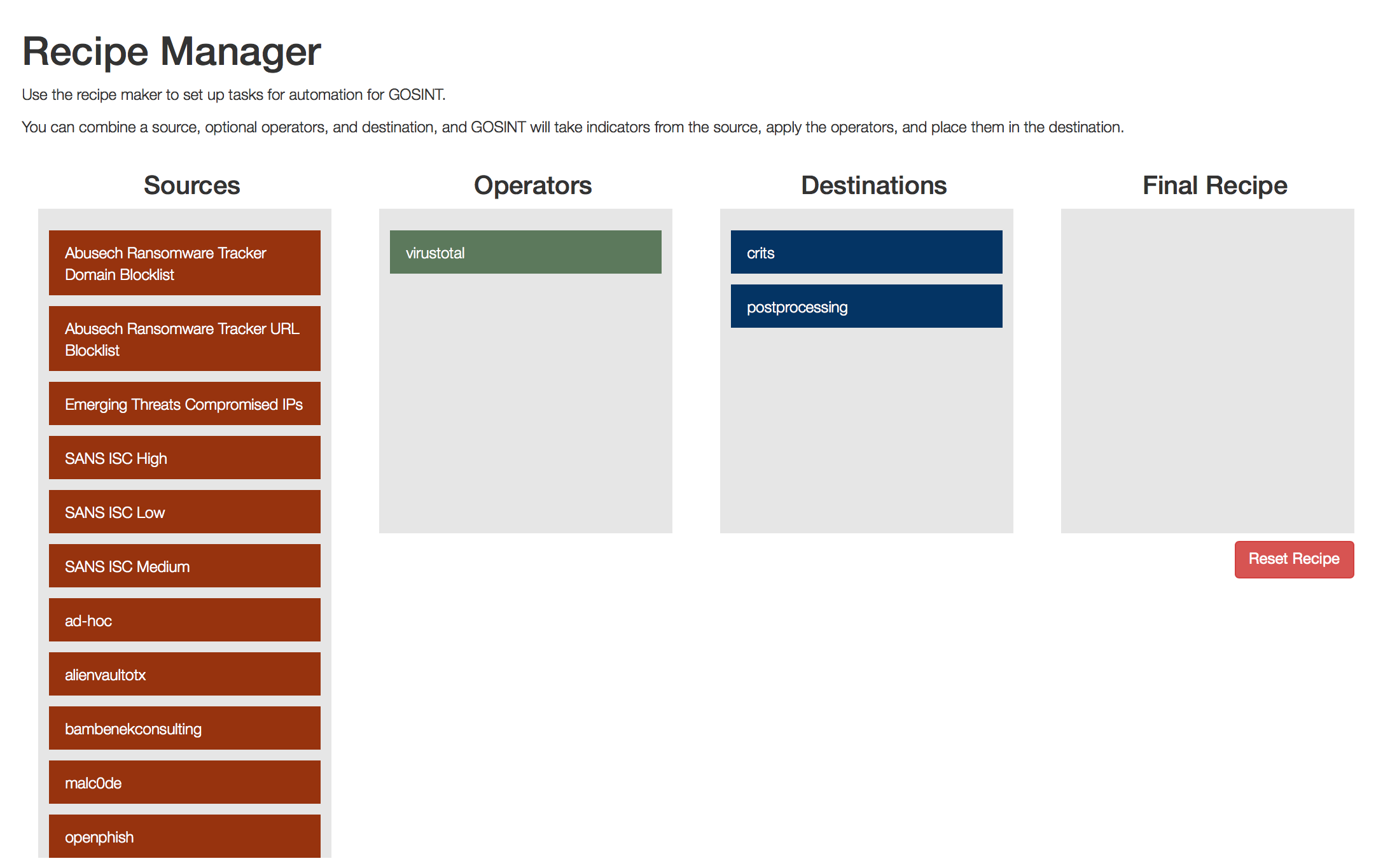 GOSINT Recipe Manager