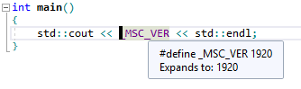 VS editor with Quick Info showing that _MSC_VER macro equals 1920