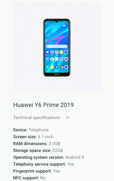 Бюджетный смартфон Huawei Y6 Prime 2019 получил экран диагональю 6,1 дюйма с каплевидным вырезом и сканер отпечатков пальцев - 1 Бюджетный смартфон Huawei Y6 Prime 2019 получил экран диагональю 6,1 дюйма с каплевидным вырезом и сканер отпечатков пальцев