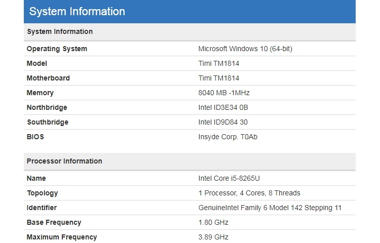 Ноутбук Xiaomi на платформе Intel Whiskey Lake показался в бенчмарке