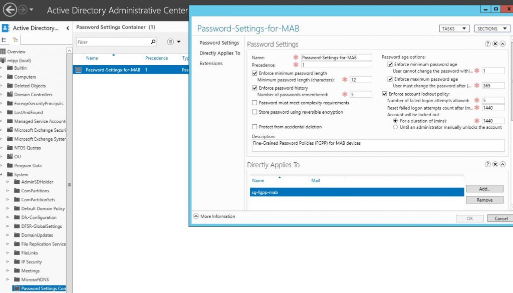 Fine-Grained Password Policies (FGPP) for MAB devices