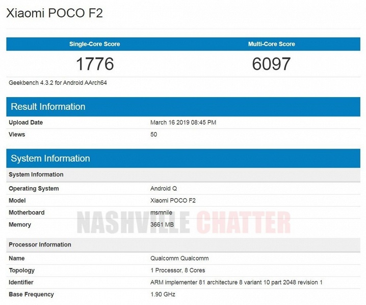 Xiaomi Pocophone F2 замечен в Geekbench: Snapdragon 855 и Android Q, но почему-то только 4 ГБ оперативной памяти