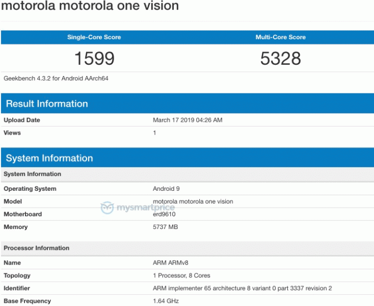 Смартфон Motorola One Vision на платформе Exynos 9610 засветился в Geekbench - 1 Смартфон Motorola One Vision на платформе Exynos 9610 засветился в Geekbench