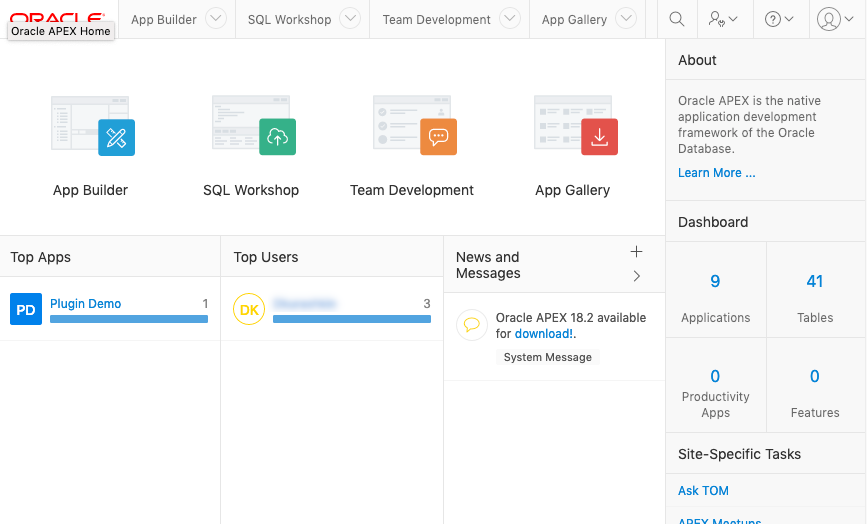Туториал по Oracle Application Express. Обзор IDE - 2 Главная страница IDE