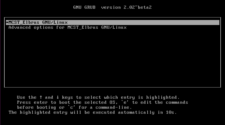 Меню GRUB при загрузке ОС Эльбрус с жесткого диска ОС Эльбрус