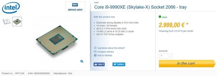 Уникальный 14-ядерный процессор Core i9-9990XE теперь можно купить за 2999 евро