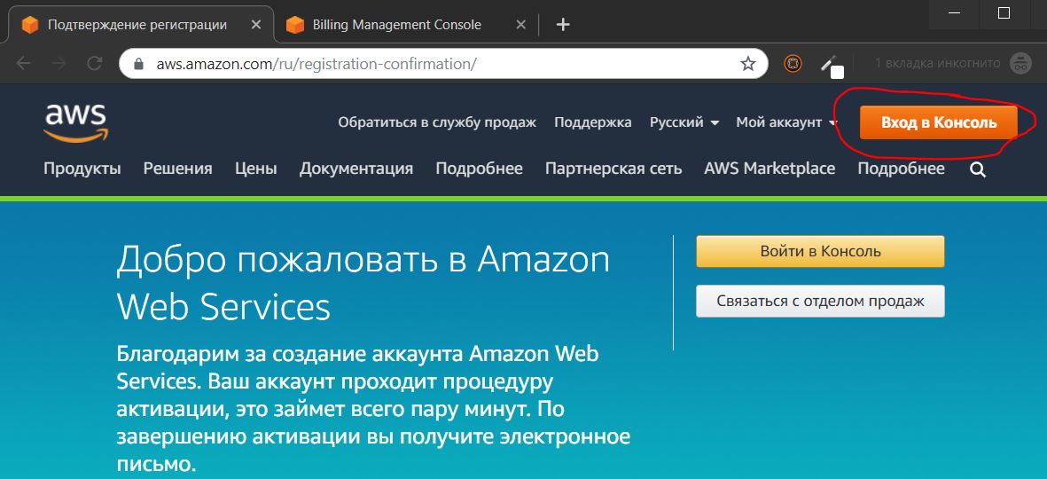 Вход в консоль управления AWS Amazon