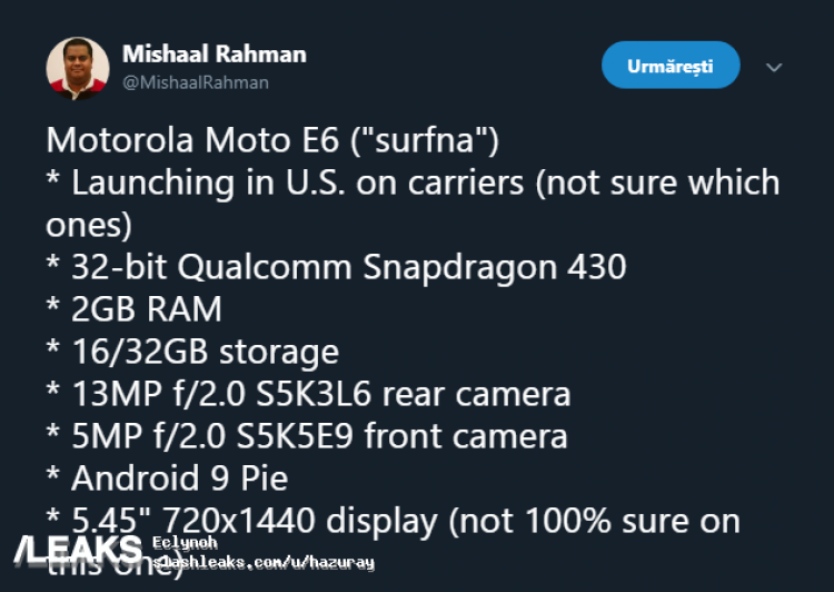 К выходу готовится дешевый смартфон Moto E6