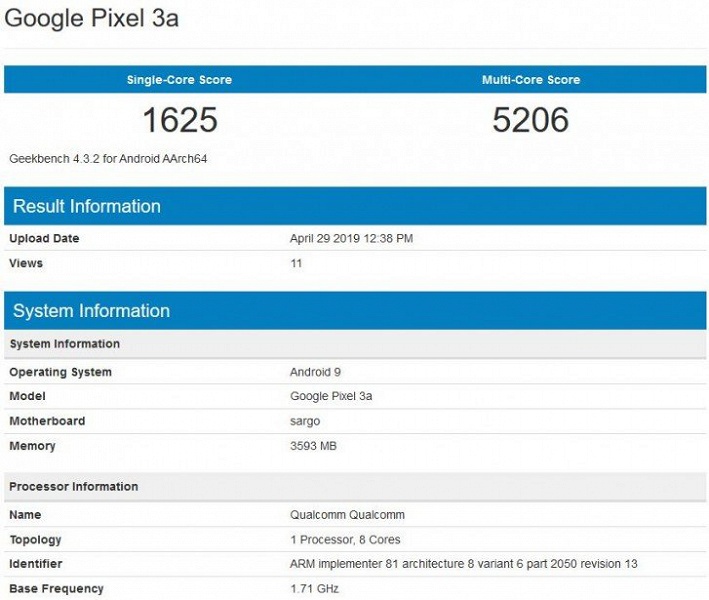 Смартфон Google Pixel 3a замечен в тесте Geekbench