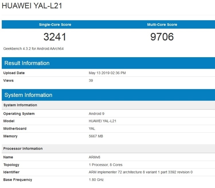 Смартфон Honor 20 появился в базе Geekbench с 6 Гбайт ОЗУ и Android Pie