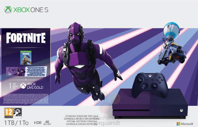 Фиолетовая консоль Xbox One S Fortnite Limited Edition с таким же геймпадом показаны на официальном изображении