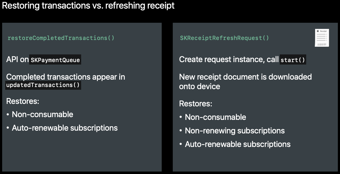 Руководство по реализации авто-возобновляемых подписок в iOS-приложениях - 8 Таблица различий двух способов восстановления покупок из WWDC