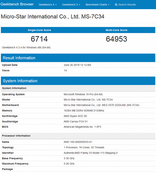 16-ядерный процессор AMD Ryzen 3000, работающий на частоте 5,2 ГГц, разгромил в Geekbench 18-ядерный Core i9-9980XE