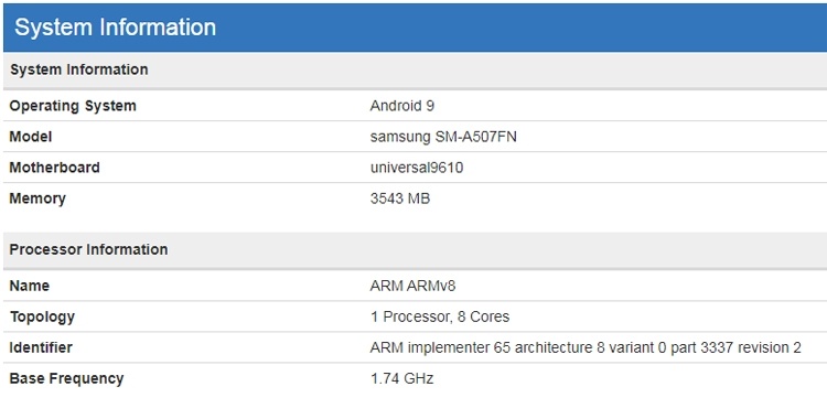 Смартфон Samsung Galaxy A50s показался в бенчмарке