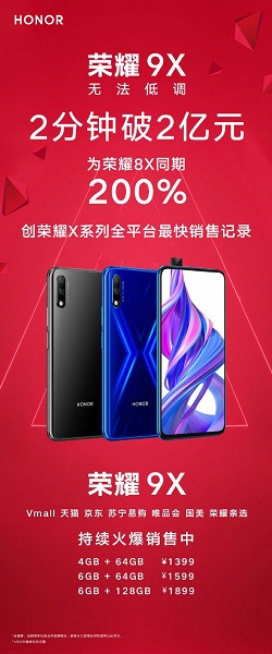 Бодрый старт: Honor 9X расходится в Китае в два раза быстрее Honor 8X