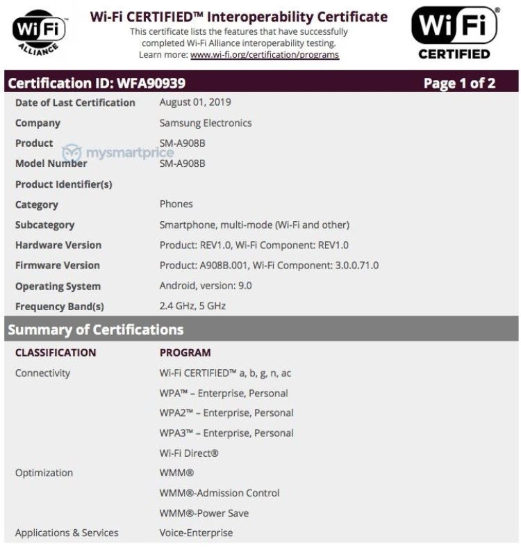 Samsung Galaxy A90 5G прошёл сертификацию Wi-Fi Alliance и готовится к выходу
