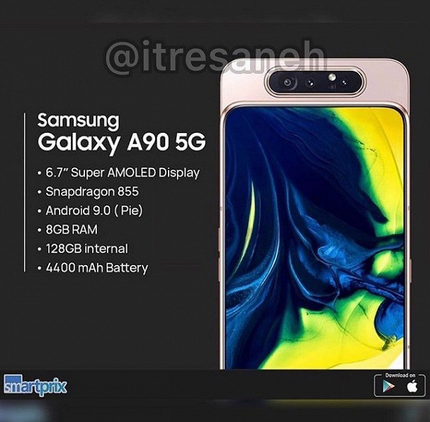 Опубликованы характеристики «бюджетного» флагмана Samsung Galaxy A90 5G: экран 6,7 дюйма, Snapdragon 855, 8 ГБ ОЗУ и слайдер с камерой
