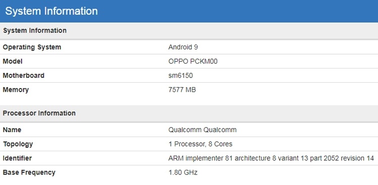 Один из смартфонов семейства OPPO Reno 2 показался в Geekbench