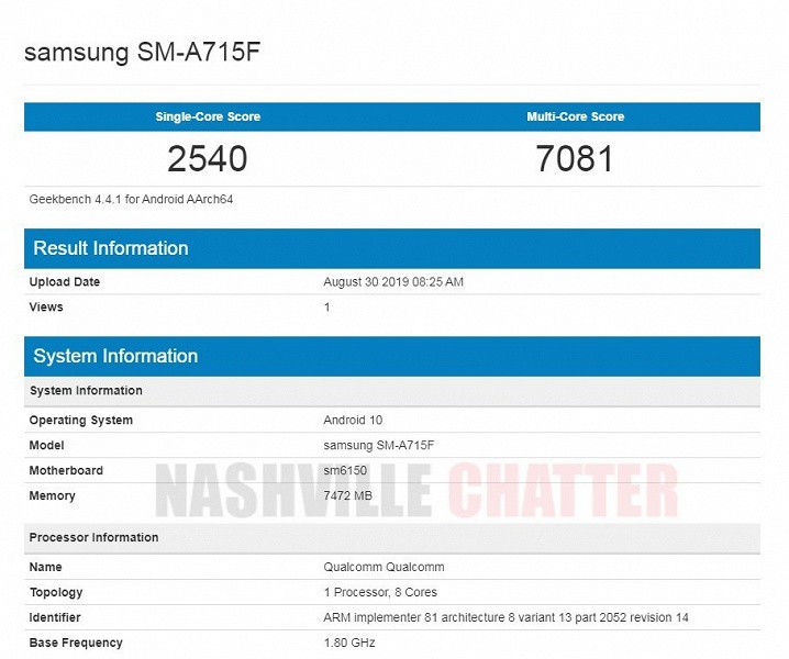 Android 10 и 8 ГБ ОЗУ. Samsung Galaxy A71 показал возможности в Geekbench