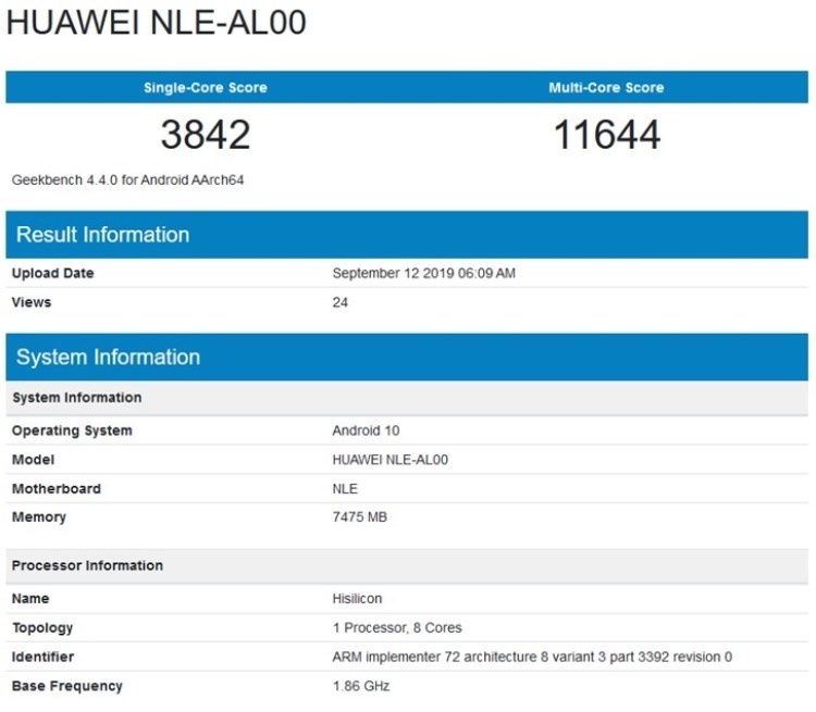 Смартфон Huawei NLE-AL00 с чипом Kirin 990 и 8 Гбайт ОЗУ замечен в базе Geekbench