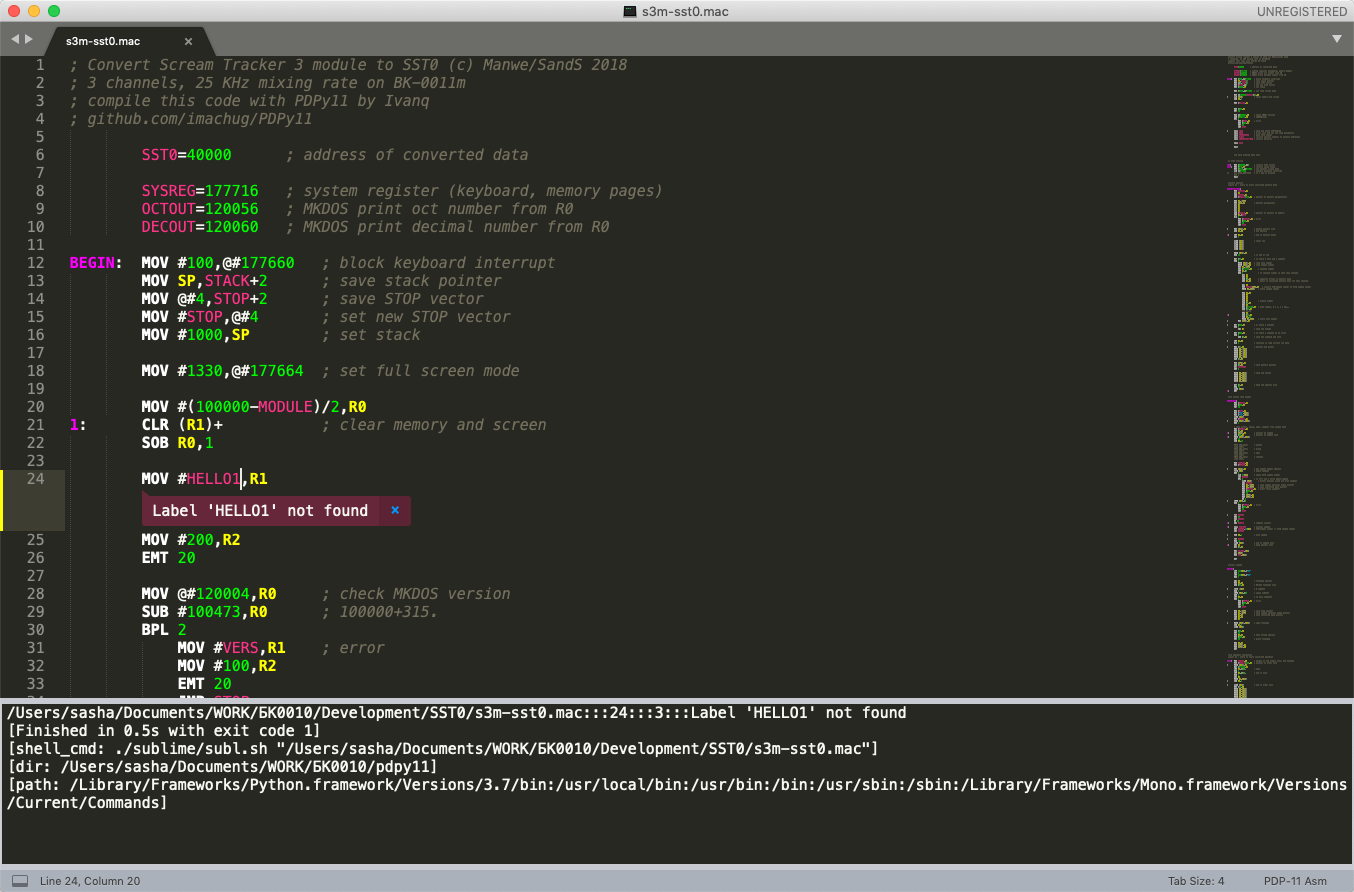 Программирование под БК 0010 в 2019-ом году - 5 Компиляция из Sublime Text кросс-ассемблером PDPy11