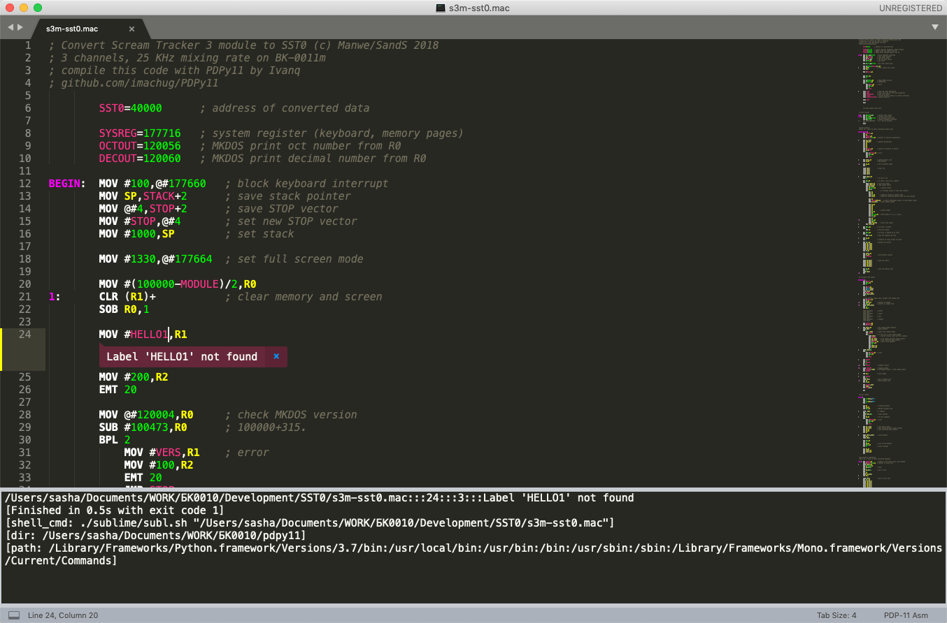 Компиляция из Sublime Text кросс-ассемблером PDPy11