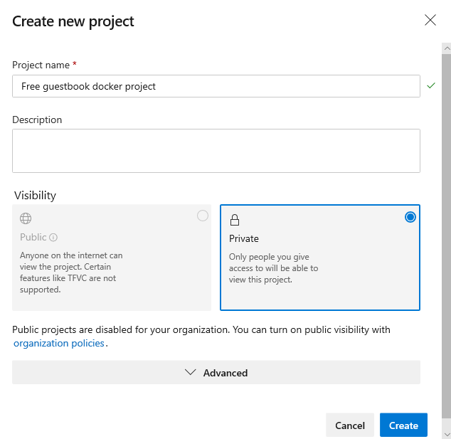 Лайфхак – пишем и бесплатно хостим в облаке вебсайт с гостевой книгой - 12 Создание проекта в Azure DevOps