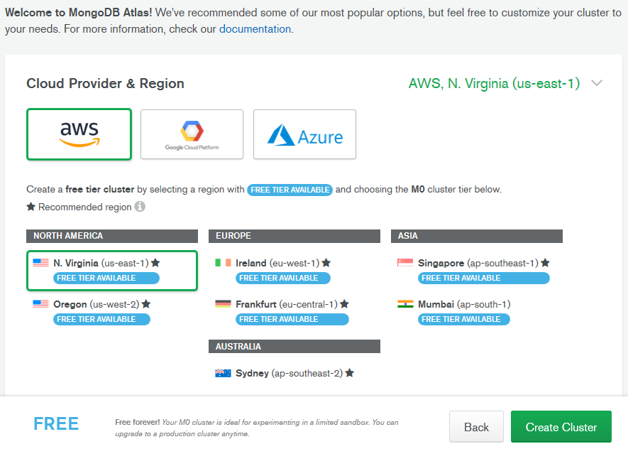 Лайфхак – пишем и бесплатно хостим в облаке вебсайт с гостевой книгой - 3 Выбор региона и провайдера в MondoDB Atlas