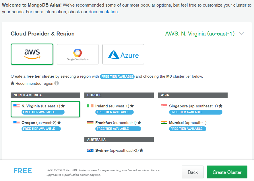 Выбор региона и провайдера в MondoDB Atlas
