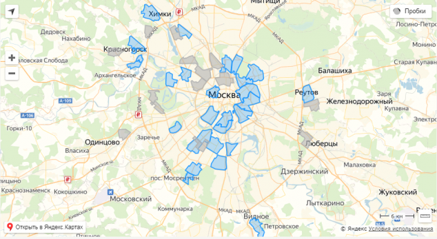 Районы работы Яндекс.Лавки на 10 декабря 2019 года