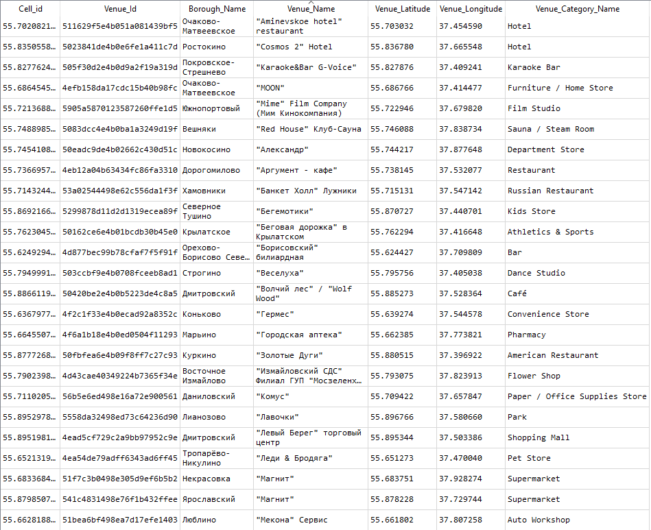 Moscow venues dataset