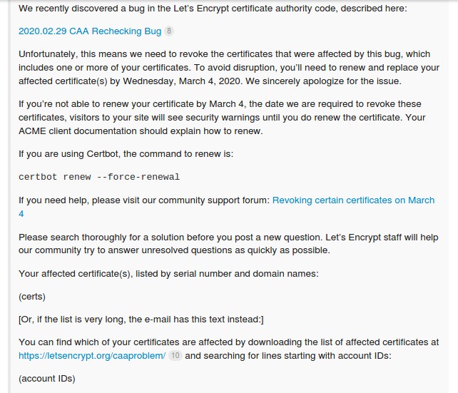 В Let's Encrypt нашли баг, отзываются ранее выданные сертификаты TLS-SSL, их нужно обновить до 4 марта 2020 года - 2